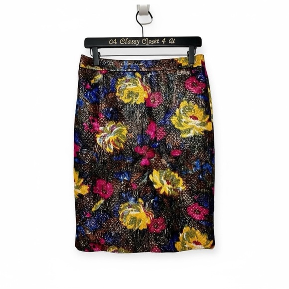 J. Crew Silk Cotton Black Floral Metallic Textured Straight Pencil Skirt 4 - Picture 2 of 9